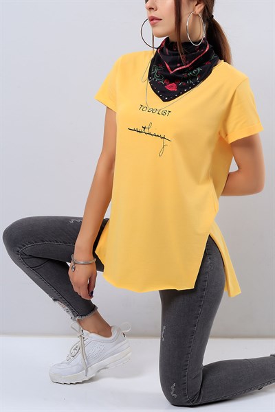 Sarı Önü Kısa Baskılı  Bayan Tişört 16299B