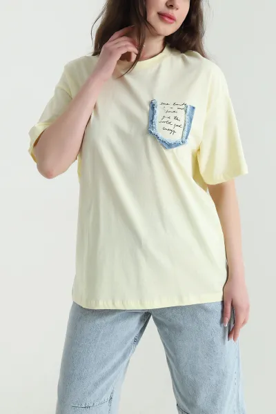 Sarı Oversize Bisiklet Yaka Süprem Kadın Tişört 452517