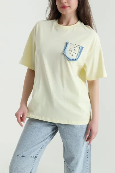 Sarı Oversize Bisiklet Yaka Süprem Kadın Tişört 452517