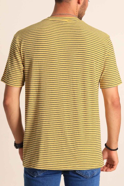 Sarı Oversize Çizgili Örme Erkek Tişört 194576