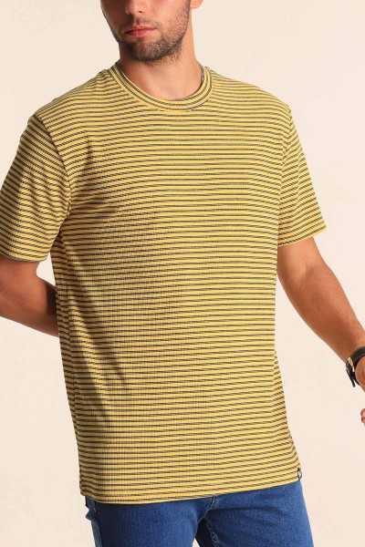 Sarı Oversize Çizgili Örme Erkek Tişört 194576