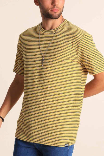 Sarı Oversize Çizgili Örme Erkek Tişört 194576