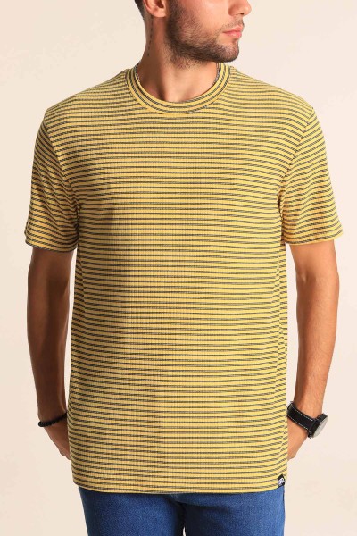 Sarı Oversize Çizgili Örme Erkek Tişört 194576