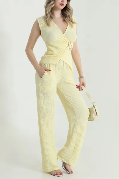Sarı Pantolon Bluz Gofre Kadın İkili Takım 472814