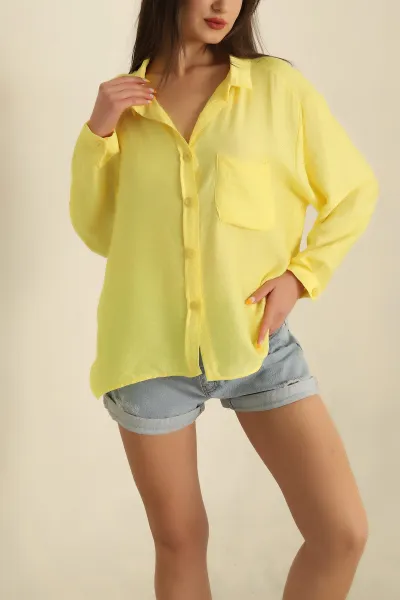 Sarı Pera Keten Cepli Oversize Gömlek 267015
