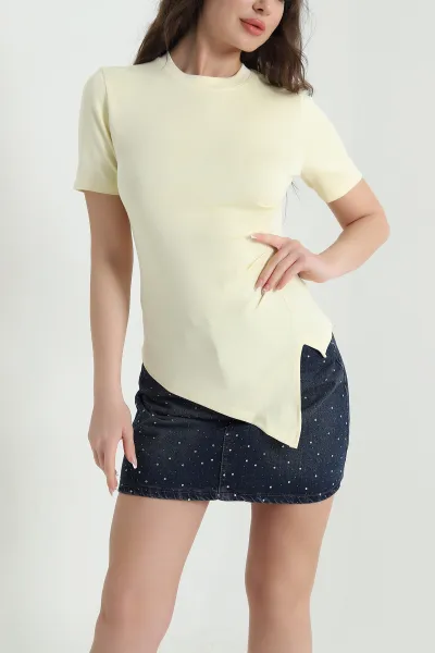 Sarı Pileli Asimetrik Kesim Kadın Bluz 456015