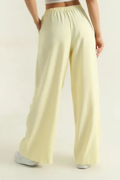 Sarı Pileli Tencel Bol Paça Kadın Pantolon 369814