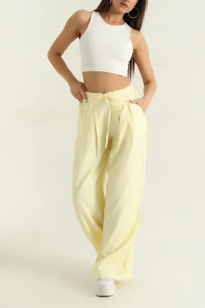Sarı Pileli Tencel Bol Paça Kadın Pantolon 369814