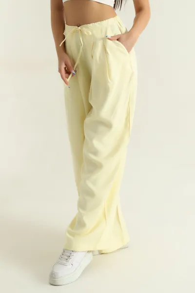 Sarı Pileli Tencel Bol Paça Kadın Pantolon 369814