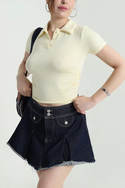 Sarı Polo Yaka Büzgülü Viskon Kadın Bluz 473793