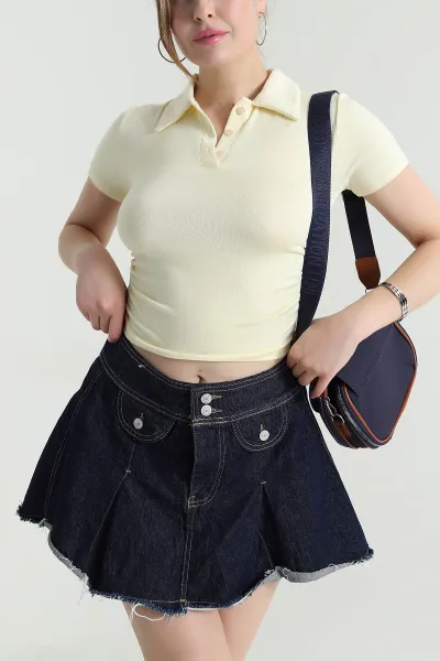 Sarı Polo Yaka Büzgülü Viskon Kadın Bluz 473793