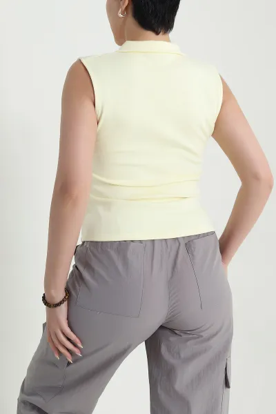 Sarı Polo Yaka Fermuarlı Kadın Body Bluz 467086