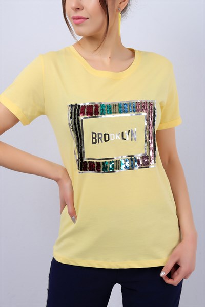 Sarı Pul Detaylı Bayan Tişört 13015B