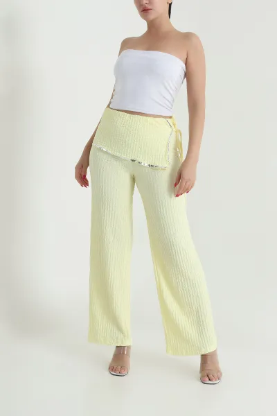 Sarı Pul Nakışlı Gofre Kadın Pantolon 472992