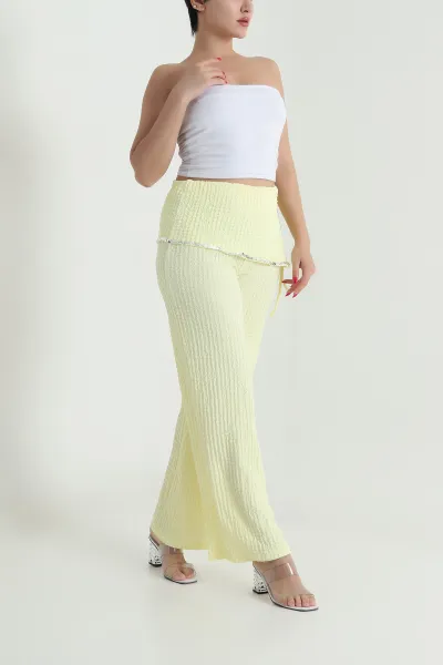 Sarı Pul Nakışlı Gofre Kadın Pantolon 472992