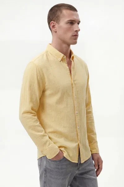 Sarı Relaxed Fit Müslin Keten Ata Yaka Erkek Gömlek 435751