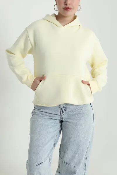 Sarı Şardonlu Üç İp Kadın Fermuarsız Sweat 484584