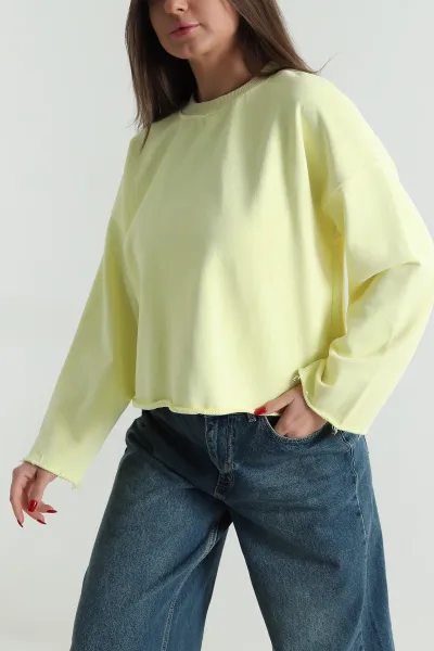 Sarı Şardonsuz Üç İp Kadın Fermuarsız Sweat 494340