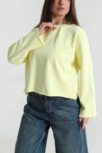 Sarı Şardonsuz Üç İp Kadın Fermuarsız Sweat 494340