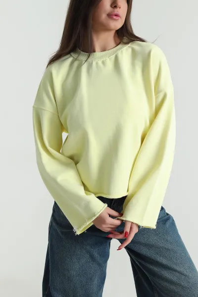Sarı Şardonsuz Üç İp Kadın Fermuarsız Sweat 494340