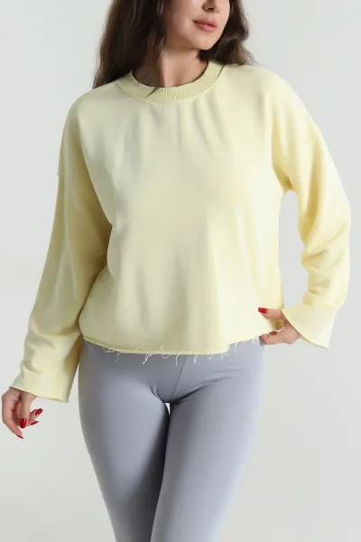 Sarı Şardonsuz Üç İp Kadın Fermuarsız Sweat 494396