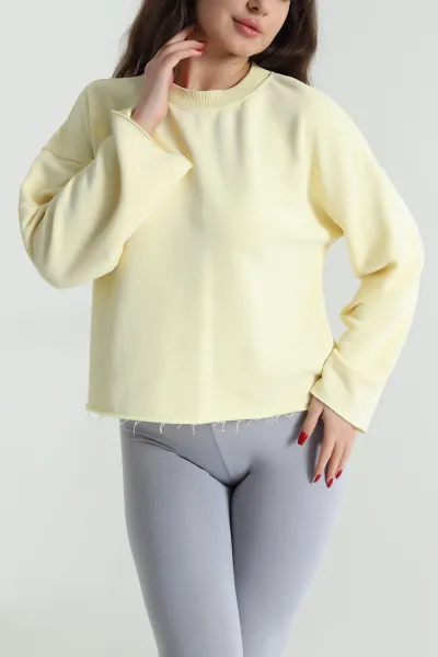 Sarı Şardonsuz Üç İp Kadın Fermuarsız Sweat 494396