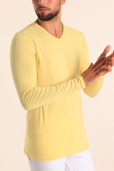 Sarı Slim Fit Basic V Yaka Likralı Uzun Kollu Erkek Tişört 199060