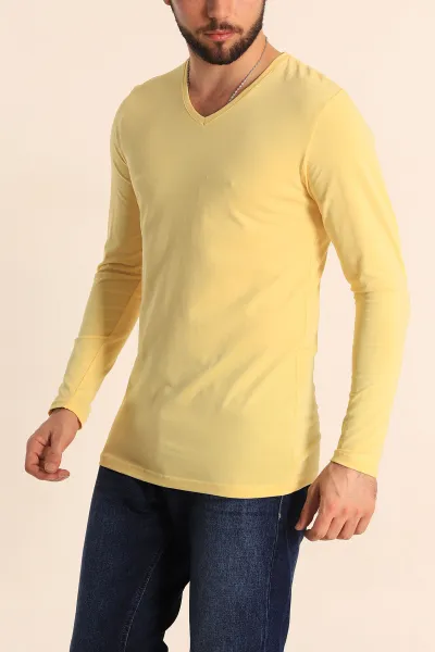 Sarı Slim Fit V Yaka Likralı Basic Erkek Sweatshirt 234992