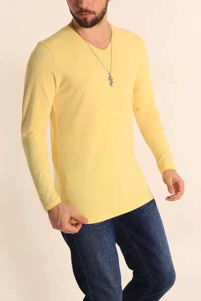 Sarı Slim Fit V Yaka Likralı Basic Erkek Sweatshirt 234992
