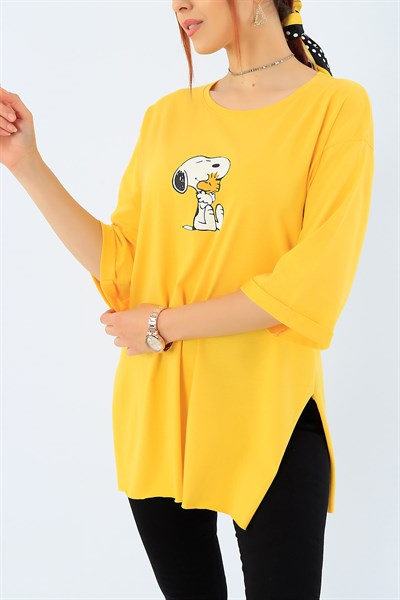 Sarı Snoopy Baskı Duble Kol Bayan Tişört 33940