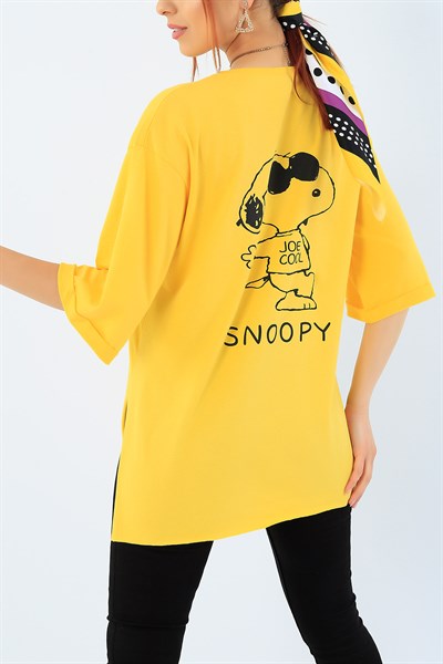 Sarı Snoopy Baskı Duble Kol Bayan Tişört 33940