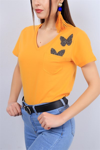 Sarı Taş İşlemeli Bayan Cepli Tişört 12628B