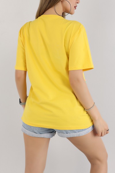 Sarı Taşlı Oversize Bayan Tişört 163056