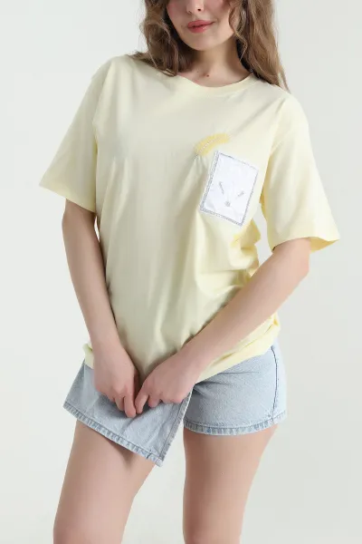 Sarı Taşlı Tasarım Oversize Süprem Kadın Tişört 451803