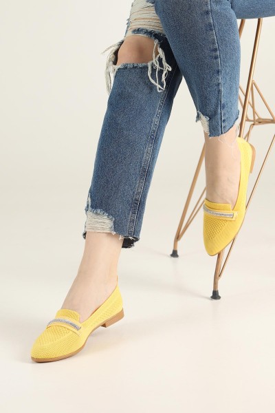Sarı Triko Taşlı Babet Ayakkabı 182835