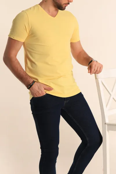 Sarı V Yaka Basic Erkek Tişört 181372