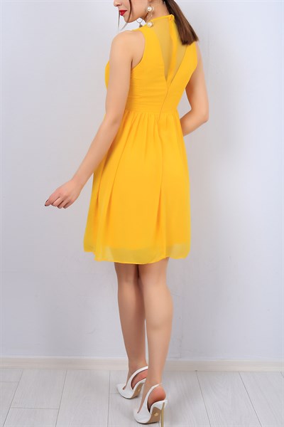 Sarı V Yaka Bayan Şifon Elbise 12599B