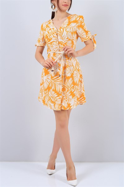 Sarı V Yaka Çiçek Desenli Bayan Elbise 15015B