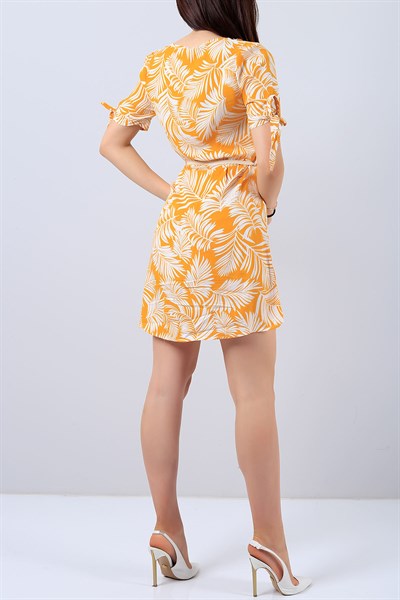 Sarı V Yaka Çiçek Desenli Bayan Elbise 15015B