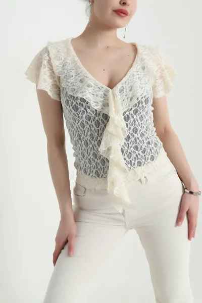 Sarı V Yaka Dantelli Tül Bluz 454061