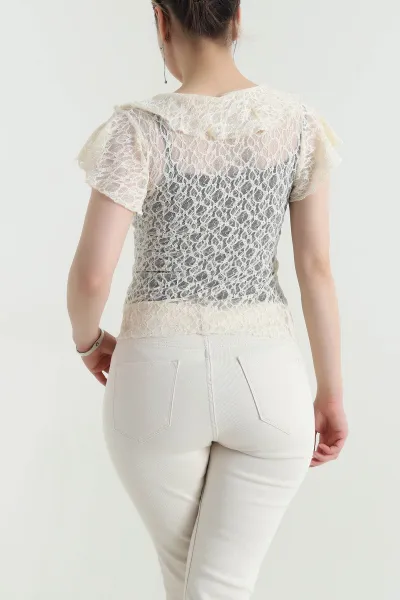 Sarı V Yaka Dantelli Tül Bluz 454061