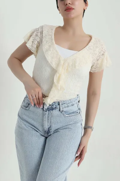 Sarı V Yaka Dantelli Tül Bluz 458351