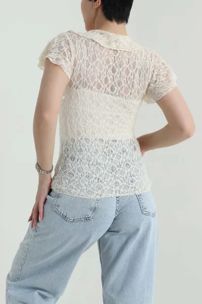 Sarı V Yaka Dantelli Tül Bluz 458351