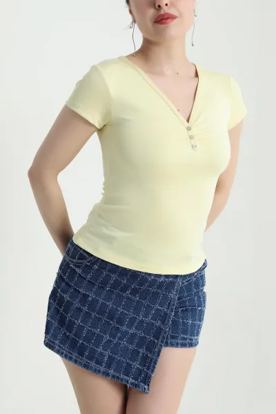 Sarı V Yaka Düğmeli Kadın Bluz 454704
