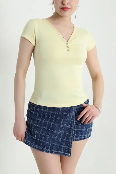 Sarı V Yaka Düğmeli Kadın Bluz 454704