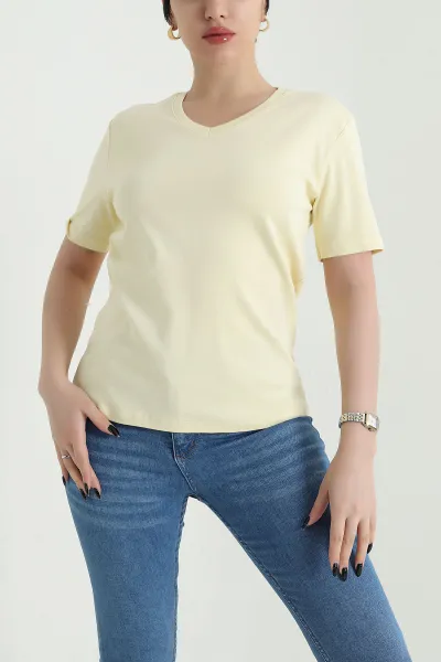 Sarı V Yaka İnterlok Kadın Tişört 453737
