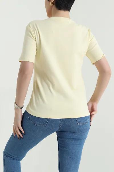 Sarı V Yaka İnterlok Kadın Tişört 453737