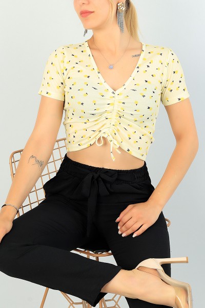 Sarı V Yaka Sıkmalı Bluz 71618