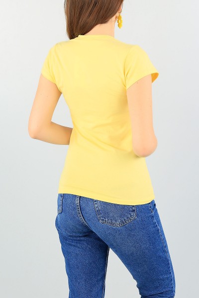 Sarı V Yaka Bayan Tişört 58718