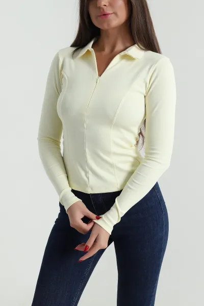 Sarı Yakası Fermuarlı Kadın Body Bluz 489995